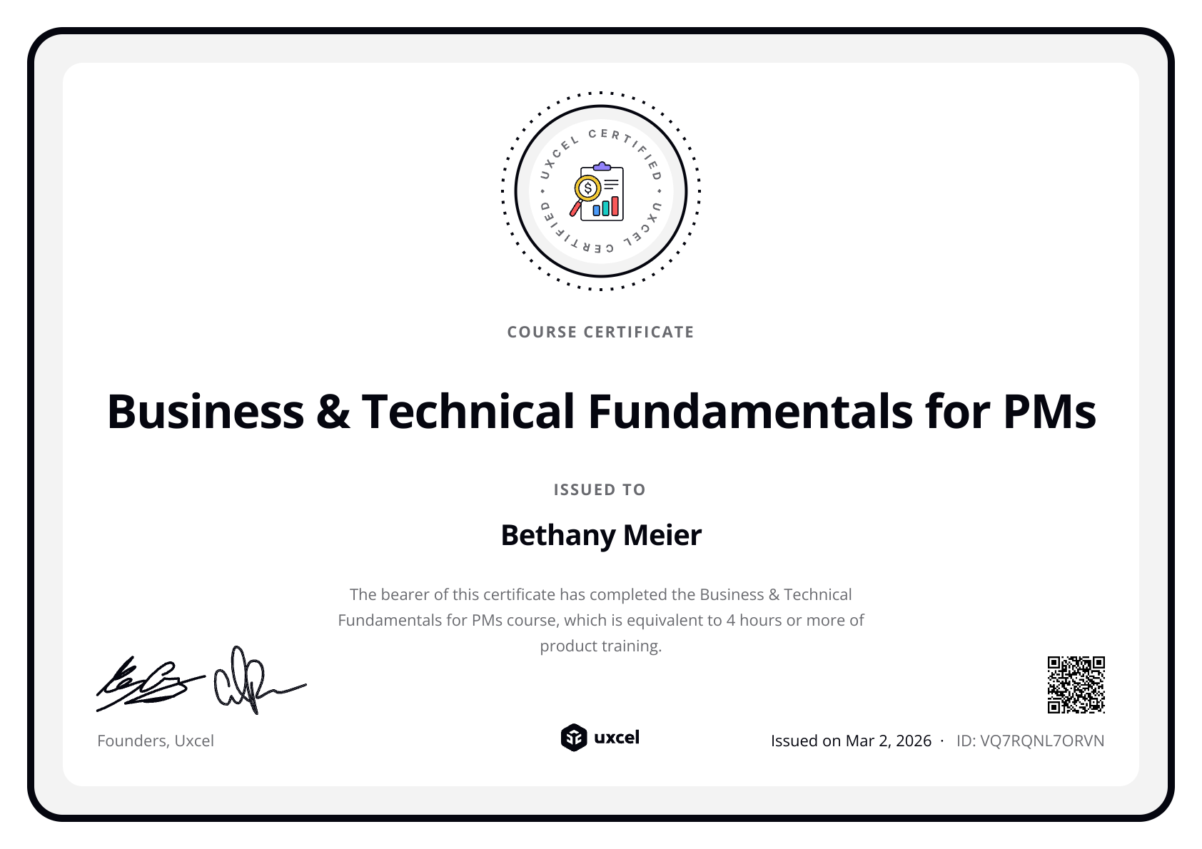 Bethany Meier's certificate